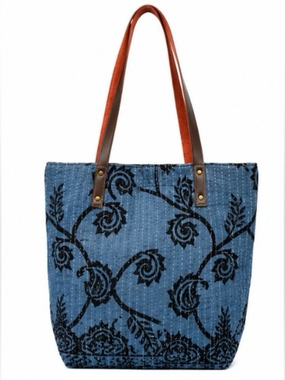 Basha Handmade Reclaimed Sari Cloth Quilted Tote Bag Blue Floral Leather Straps